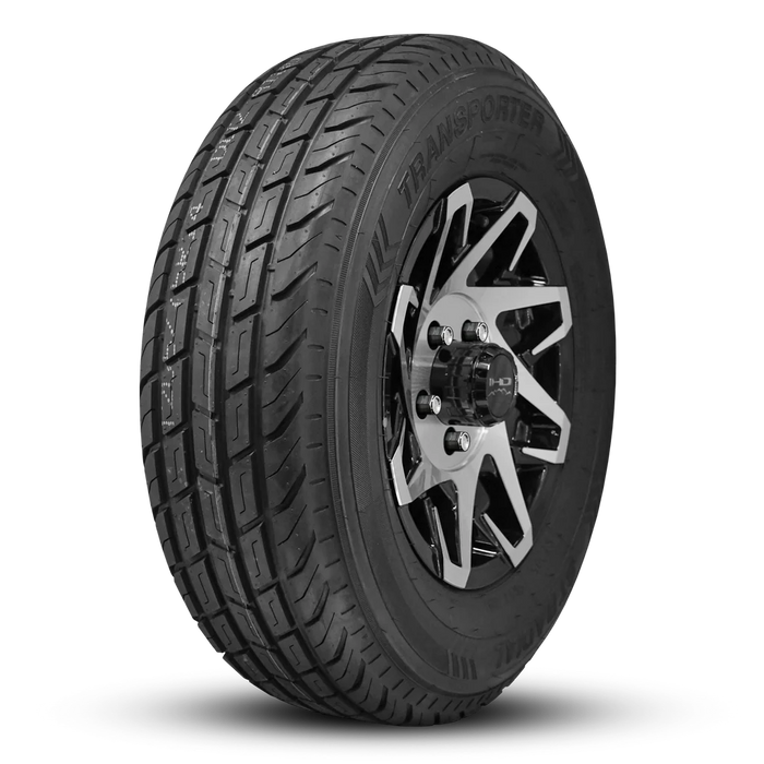 ST205/75R14 8-Ply Trailer Tire on 14" 5-4.5 Gloss Black Machine Face Canyon Wheel