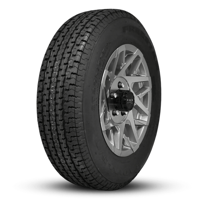ST205/75R15 8 - Ply Trailer Tire on 15" 5 - 4.5 Gloss Silver Machined Face Canyon Wheel - Tires Fast
