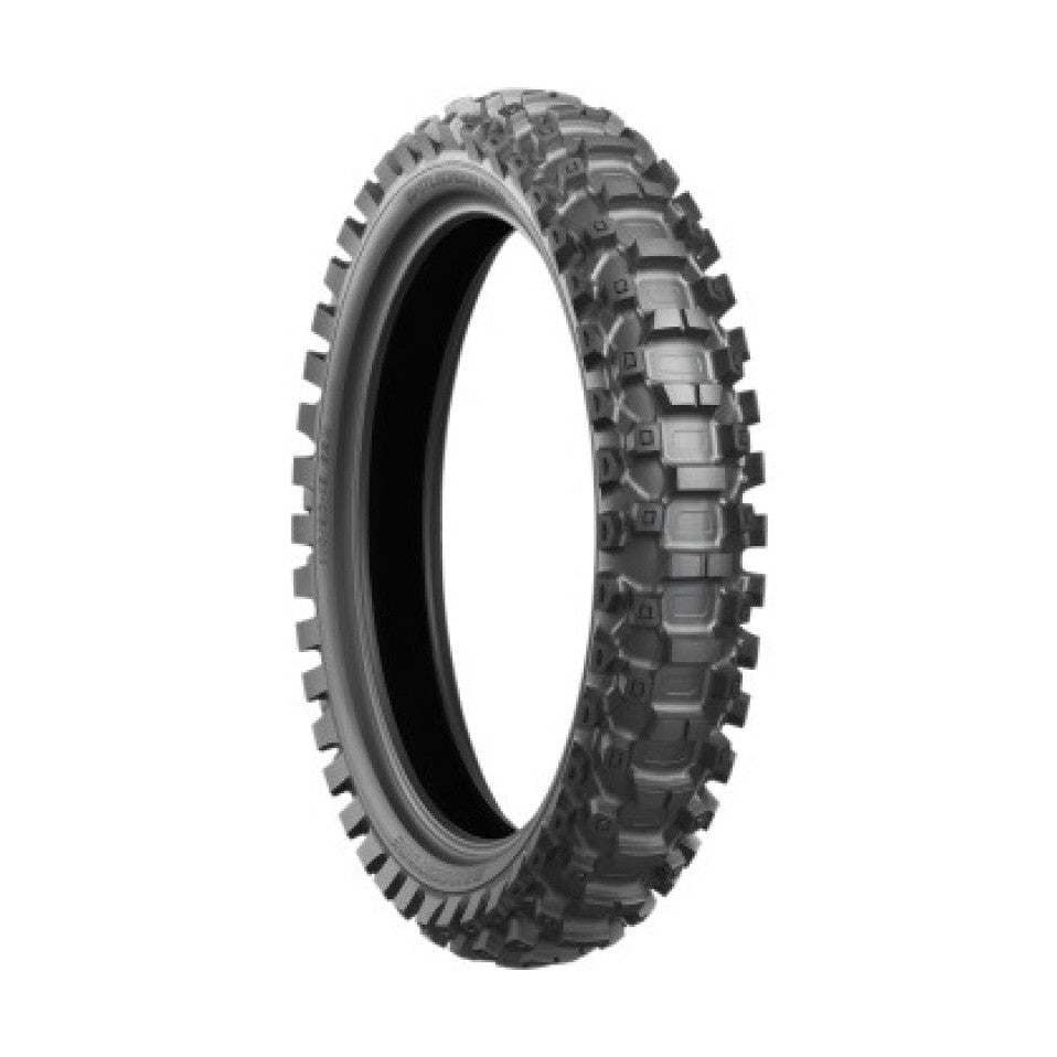 Bridgestone Battlecross X20 rear dirt bike tire with aggressive block tread for soft-to-intermediate off-road traction