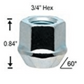 Close-up of chrome mower lug nut showing 3/4 inch hex, 60 degree seat angle, and internal threading