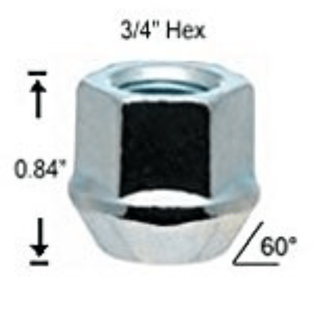 Close-up of chrome mower lug nut showing 3/4 inch hex, 60 degree seat angle, and internal threading