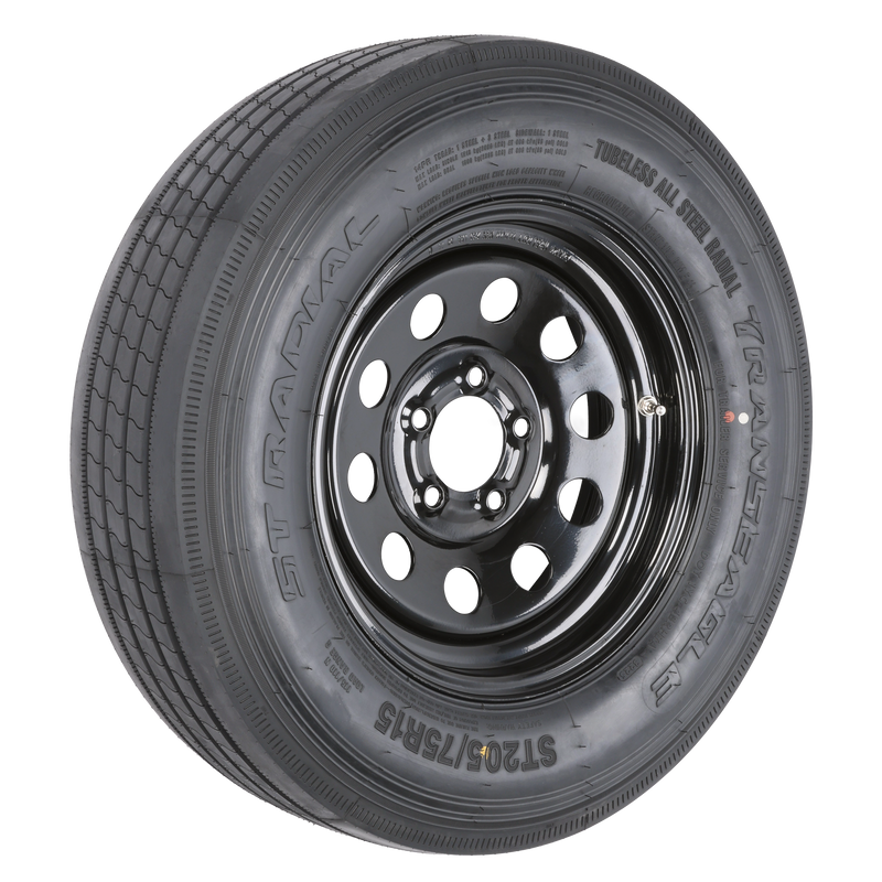 ST205/75R15 14-Ply Trailer Tire on 15" 5-4.5 Black Modular Wheel