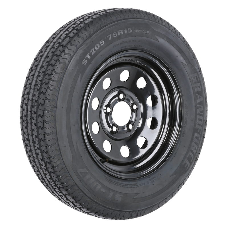 ST205/75R15 10-Ply Trailer Tire on 15" 5-4.5 Black Modular Wheel