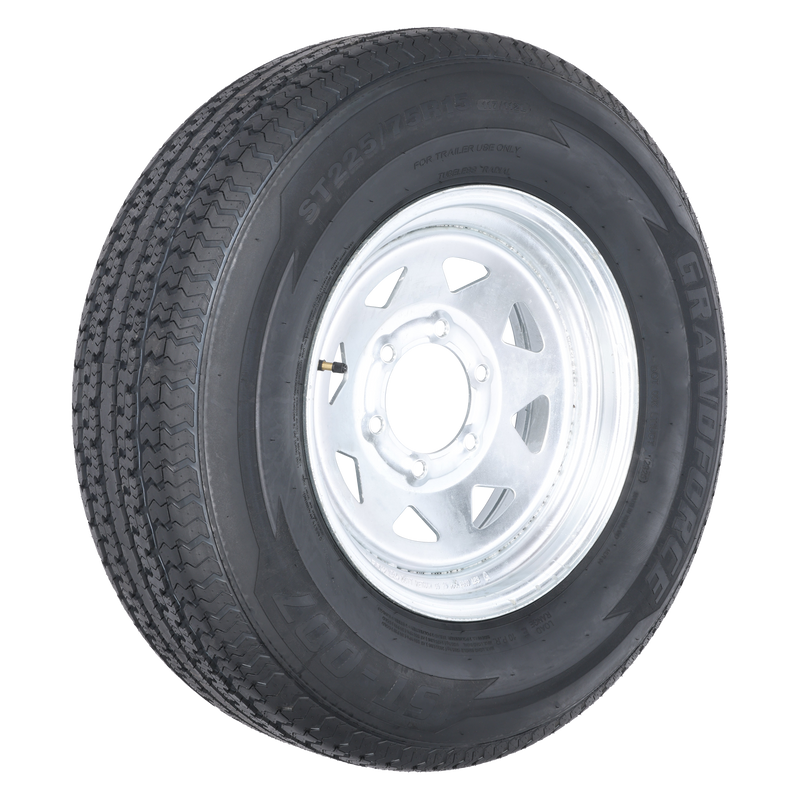 ST225/75R15 10-Ply Trailer Tire on 15" 6-5.5 Galvanized Spoke Wheel