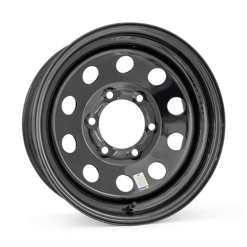 Tow-Rite 15x6 black modular steel trailer wheel with 6 on 5.5 bolt pattern and powder coat finish