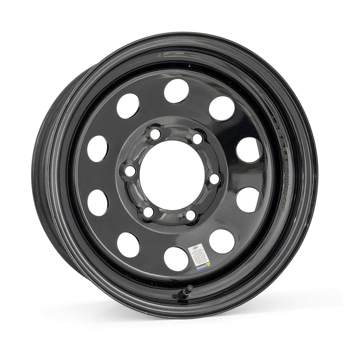 Black modular steel trailer wheel with powder coat finish and 6x5.5 bolt pattern