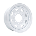 White spoke trailer wheel with 8 on 6.5 bolt pattern and powder coat finish