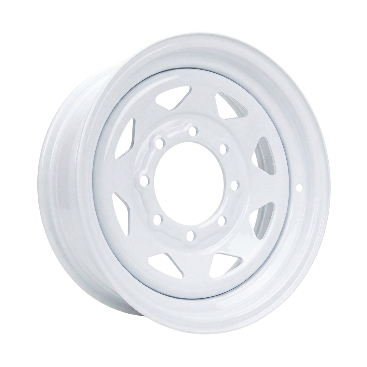 White spoke trailer wheel with 8 on 6.5 bolt pattern and powder coat finish