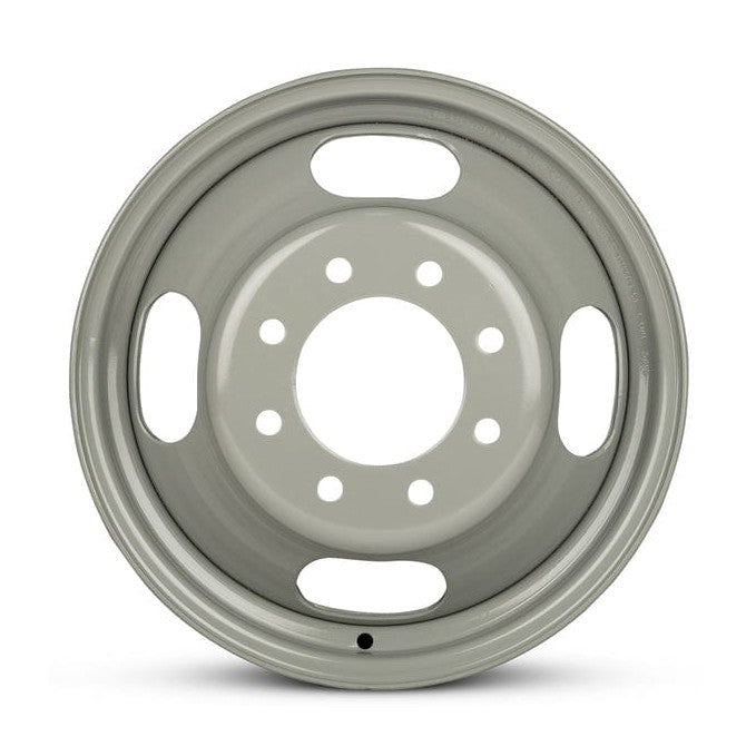 Silver steel replacement wheel for Chevrolet Express 3500 with oval ventilation slots