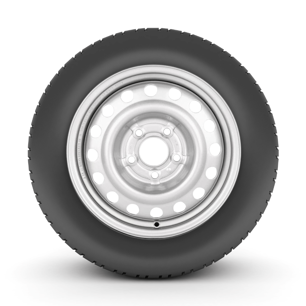 Silver steel rim and tire assembly for Nissan NV200