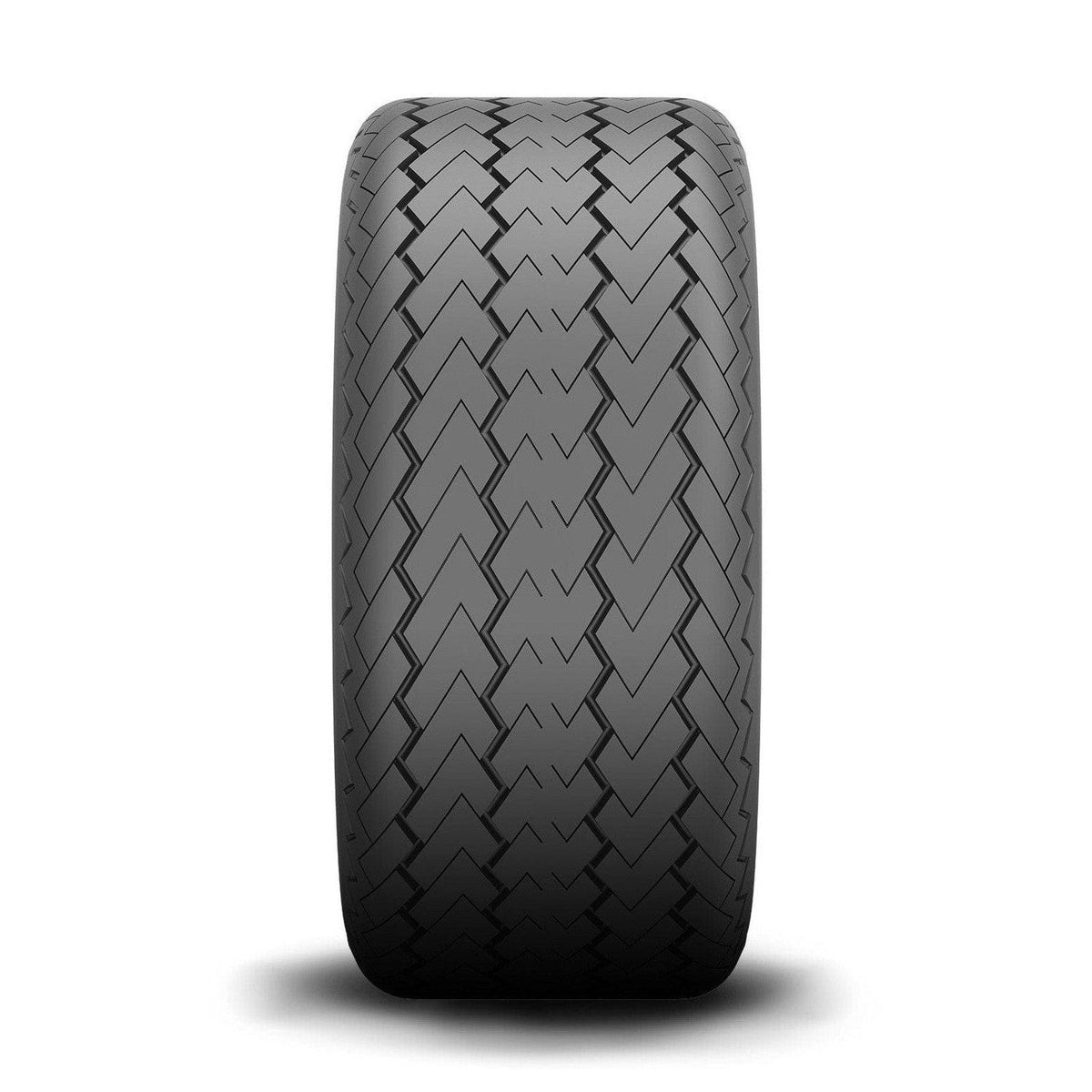 Front view of black Kenda K389 golf cart tire showing diagonal V-shaped herringbone tread pattern