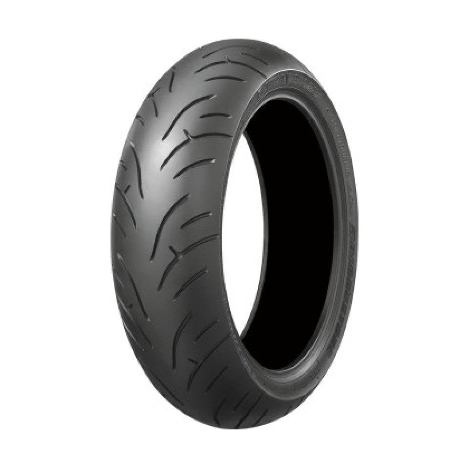 Bridgestone Battlax BT023 rear sport touring motorcycle tire with asymmetric tread pattern for wet weather handling