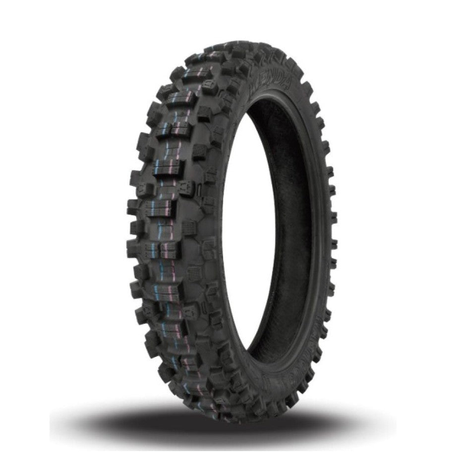 Kenda Washougal III K7102 rear dirt bike tire with aggressive knobby tread and blue pink stripes