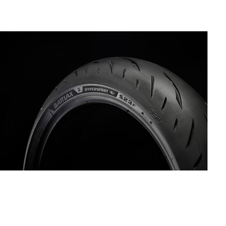 Close-up of Bridgestone Battlax Hypersport S23F front motorcycle tire sidewall branding