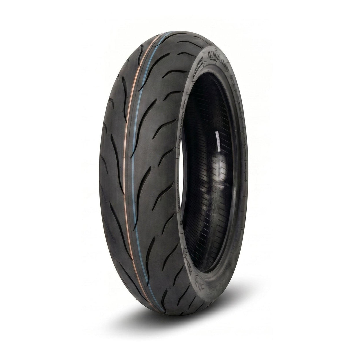 Kenda KM1 sport-touring rear motorcycle tire with blue and orange tread stripes