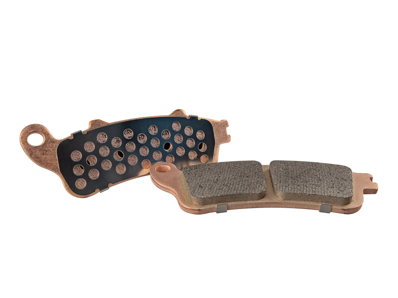 Pair of EBC HH sintered copper alloy motorcycle brake pads with perforated friction material and retaining clips