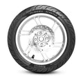 Front view of Pirelli Angel Scooter tire on alloy wheel showing winged logo