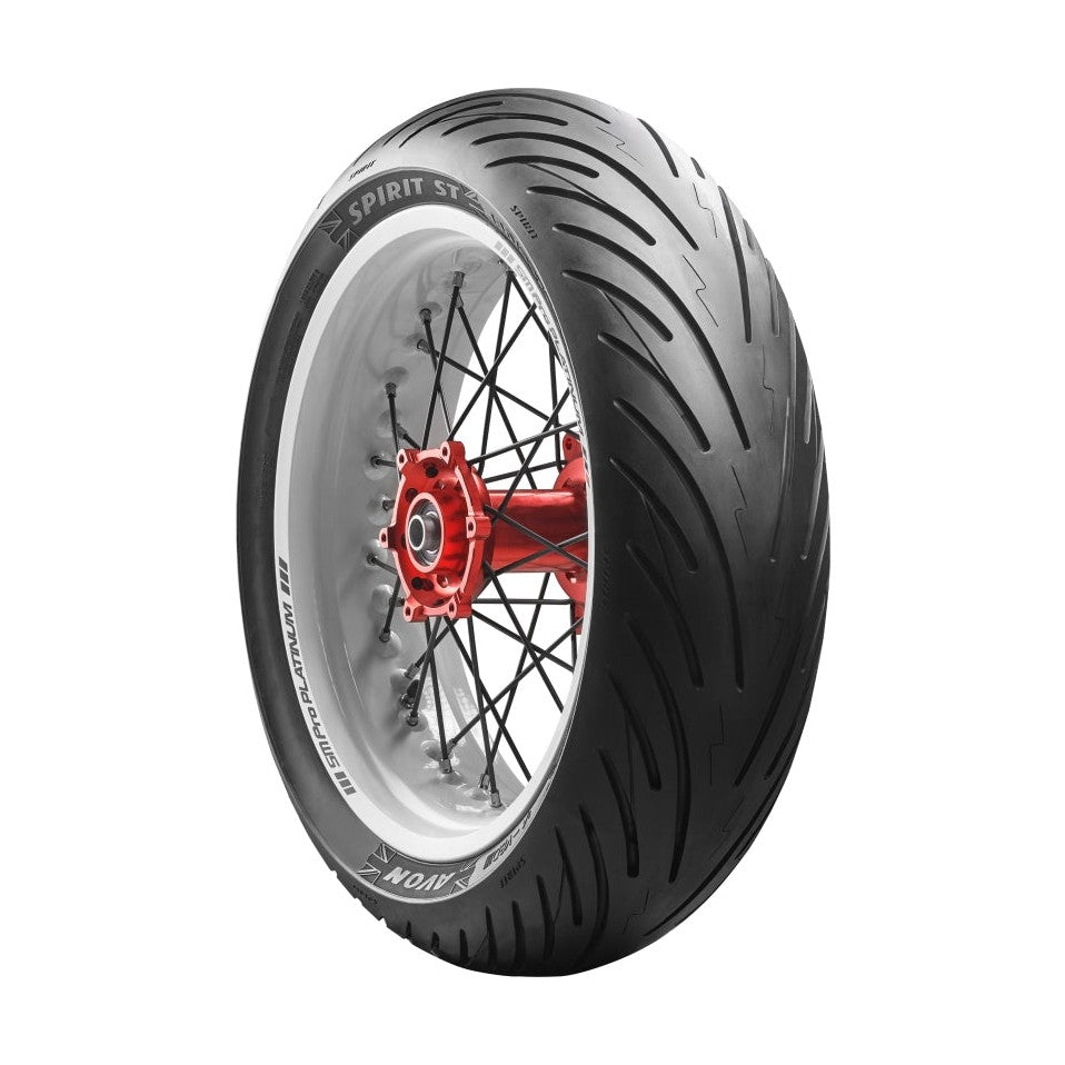 Avon Spirit ST rear sport bike tire with directional tread and sidewall branding