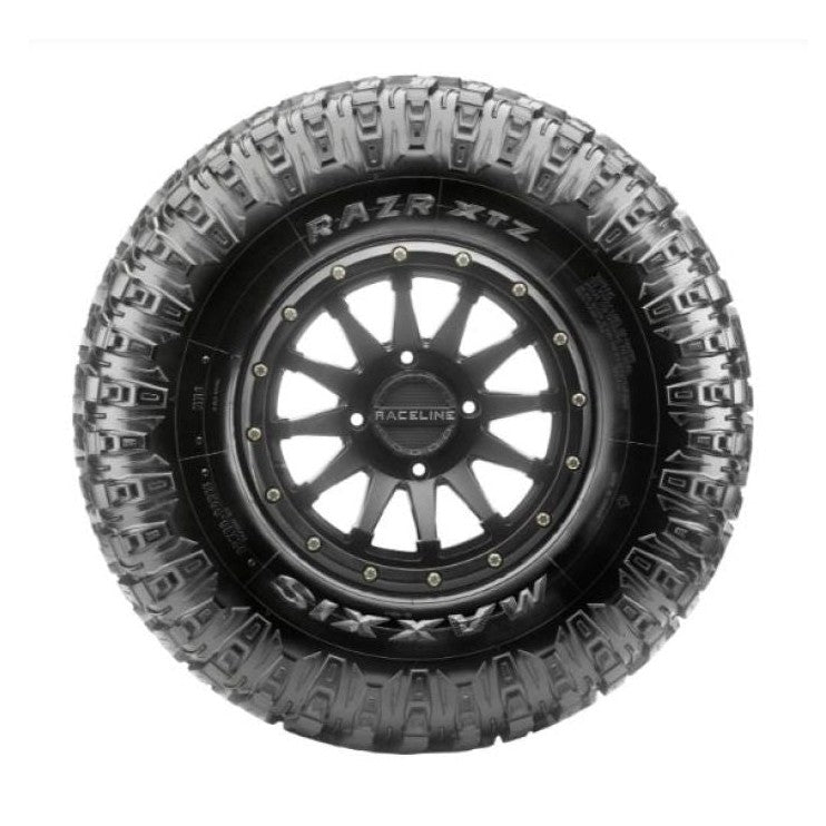 Maxxis Razr XTZ UTV tire mounted on black Raceline wheel with raised sidewall lettering