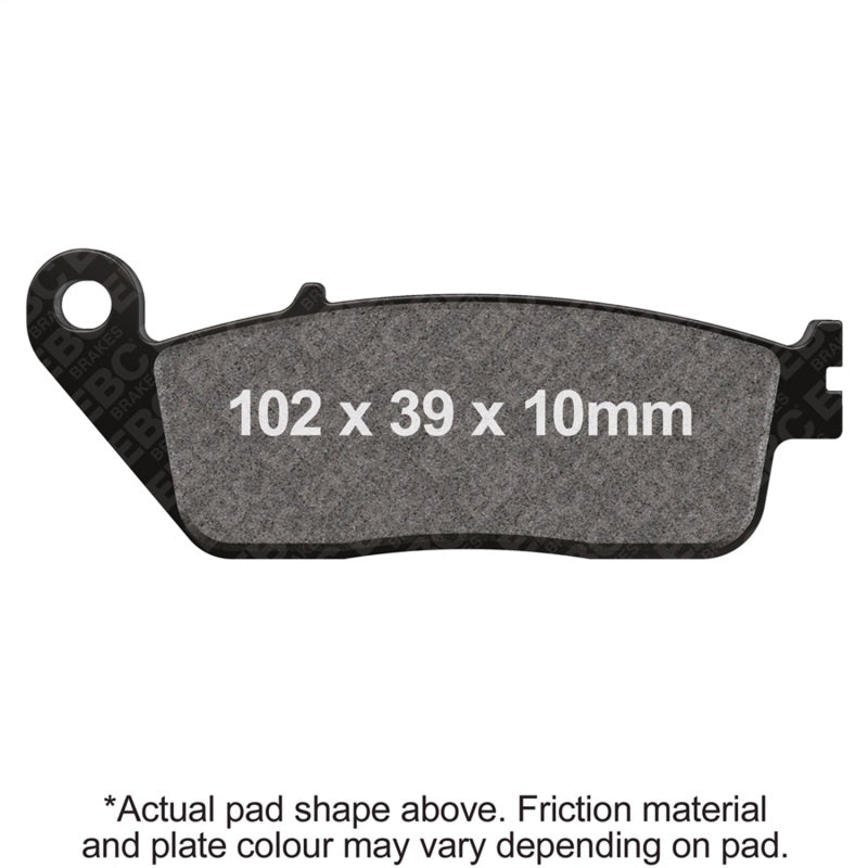 Black EBC motorcycle brake pad with dark grey speckled friction surface and molded backing plate shape