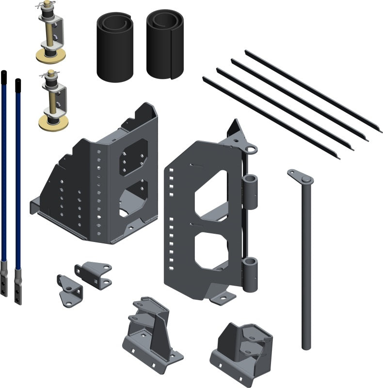 KFI V-Plow Center Pivot Kit components including steel brackets, hydraulic rods, and hardware for UTV plow assembly