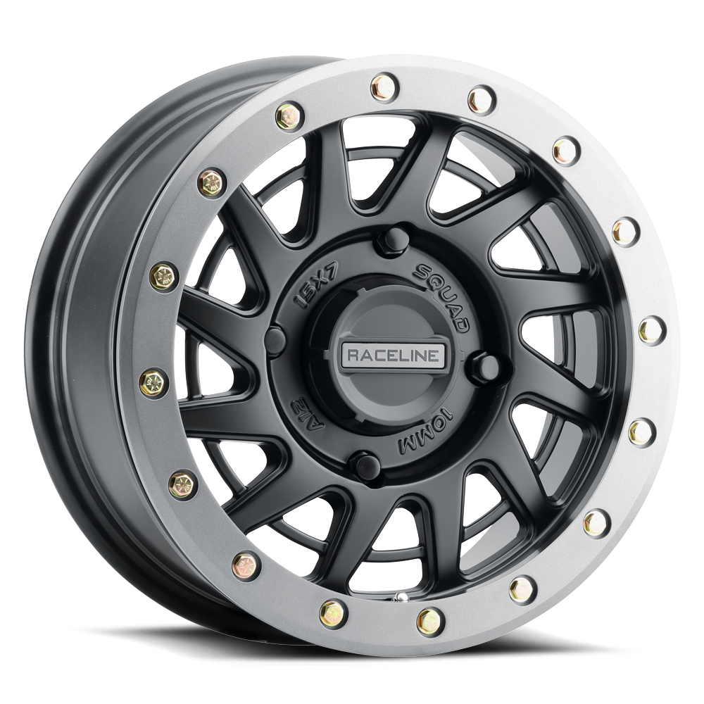 Raceline Squad Hyper Silver and Black 15x7 ATV/UTV wheel with gold lug accents