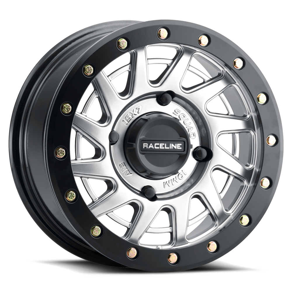 Front view of Raceline Squad wheel showing machined face engraving and beadlock bolts