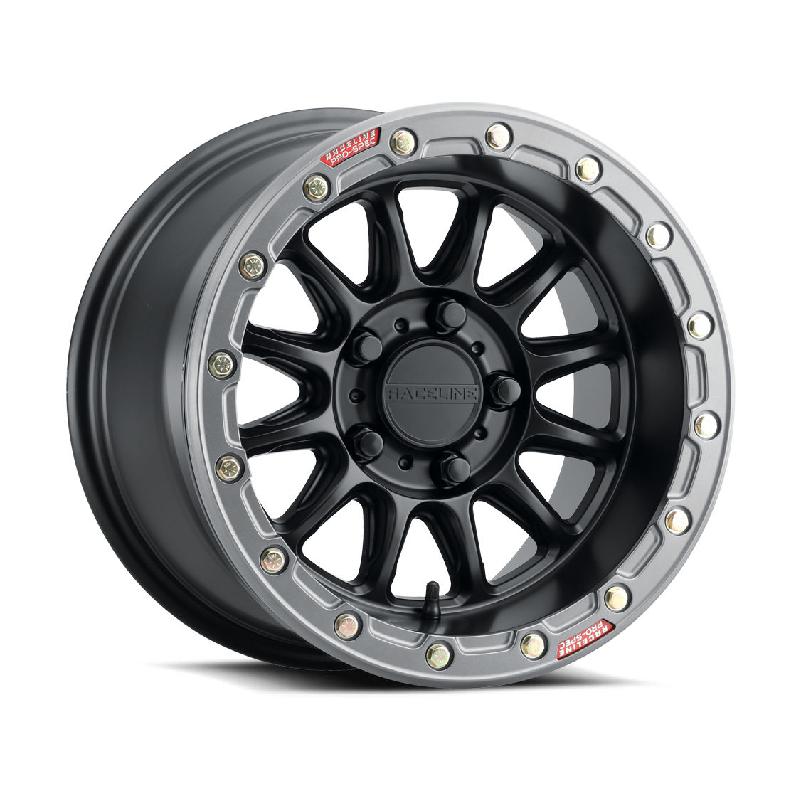 Angled shot of black Raceline Alpha wheel showing triangular spoke vents