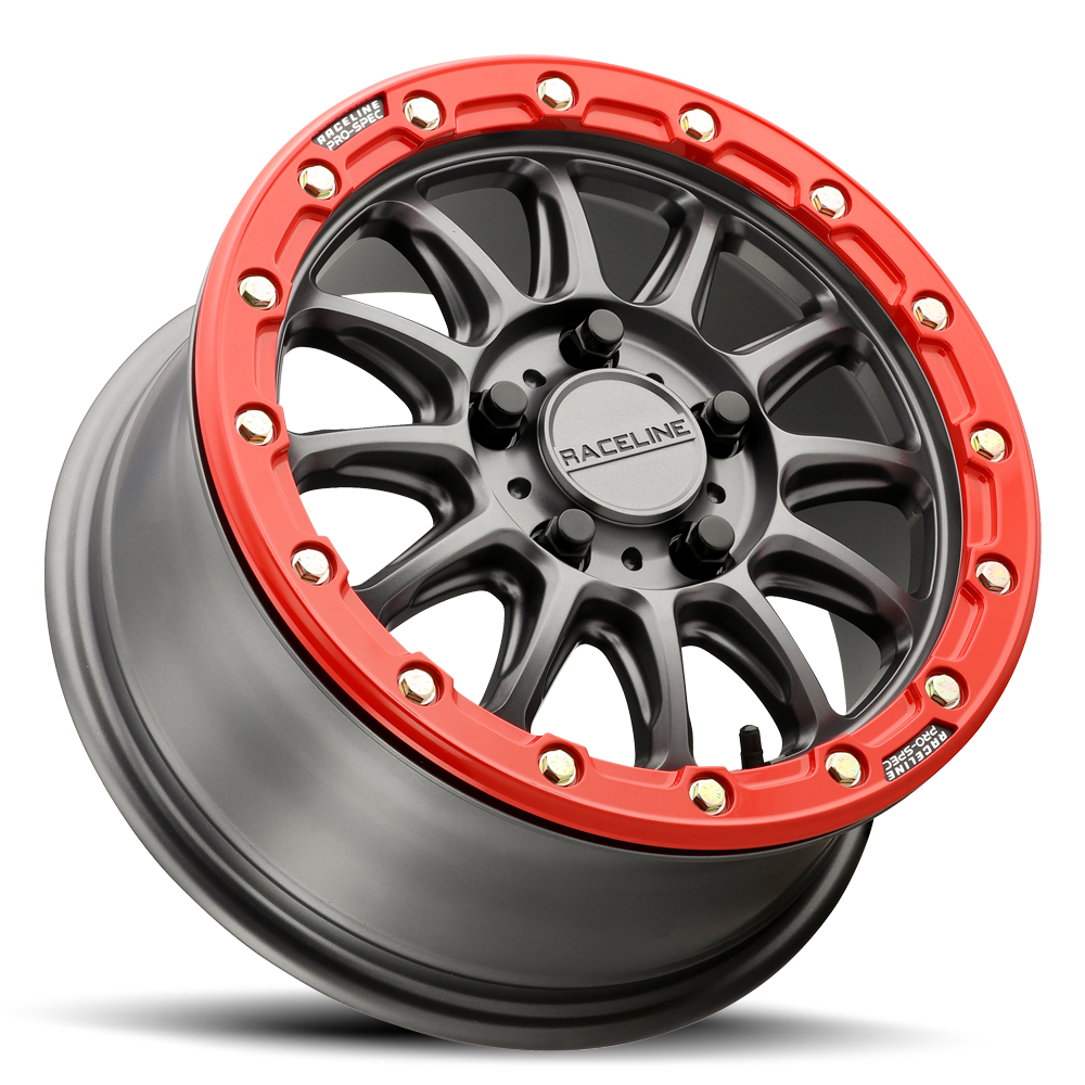 Side view of Raceline Alpha 15-inch gunmetal UTV wheel with red lip