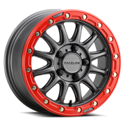 Raceline Alpha 15x7 wheel, Gunmetal with Red Ring, package component