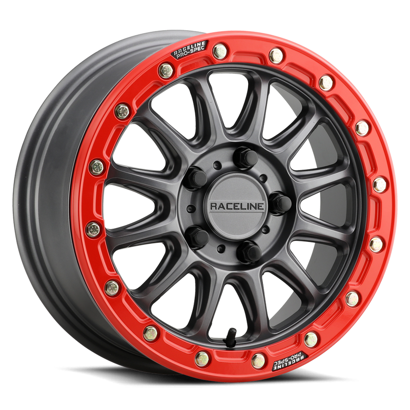 Raceline Alpha 15x7 wheel, Gunmetal with Red Ring, package component