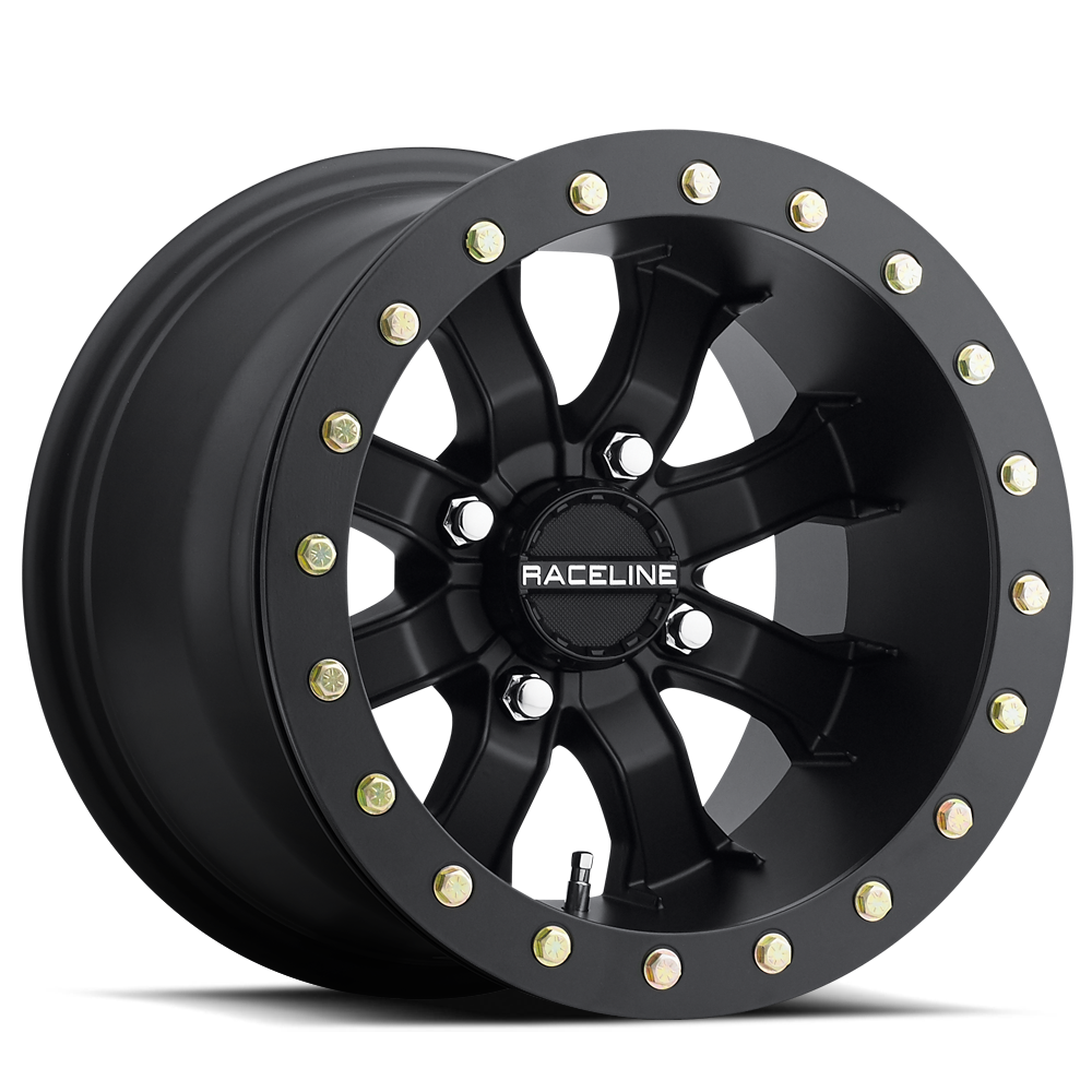 Two stacked matte black Raceline Mamba beadlock wheels showing spoke design