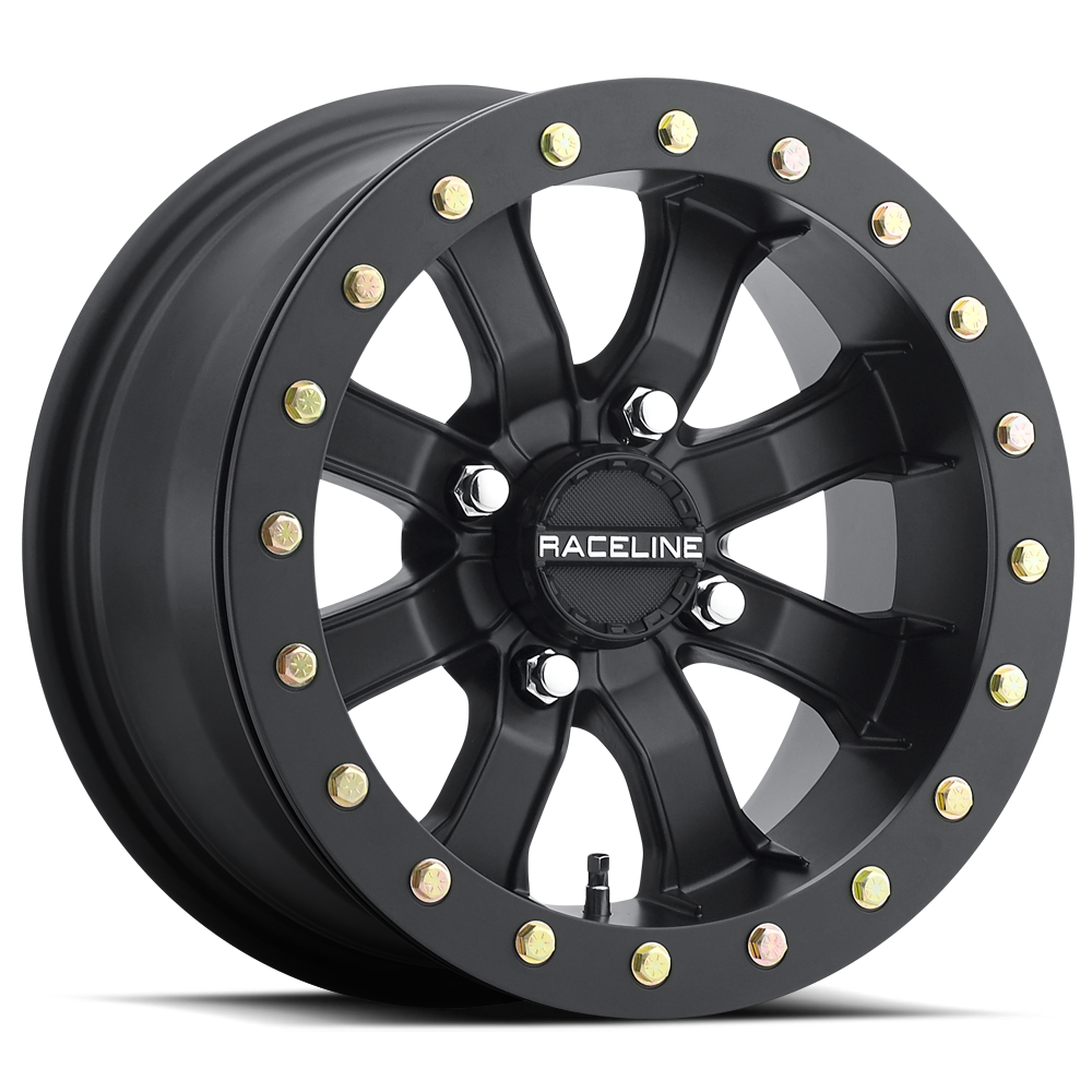 Single matte black Raceline Mamba beadlock wheel with gold and silver bolts