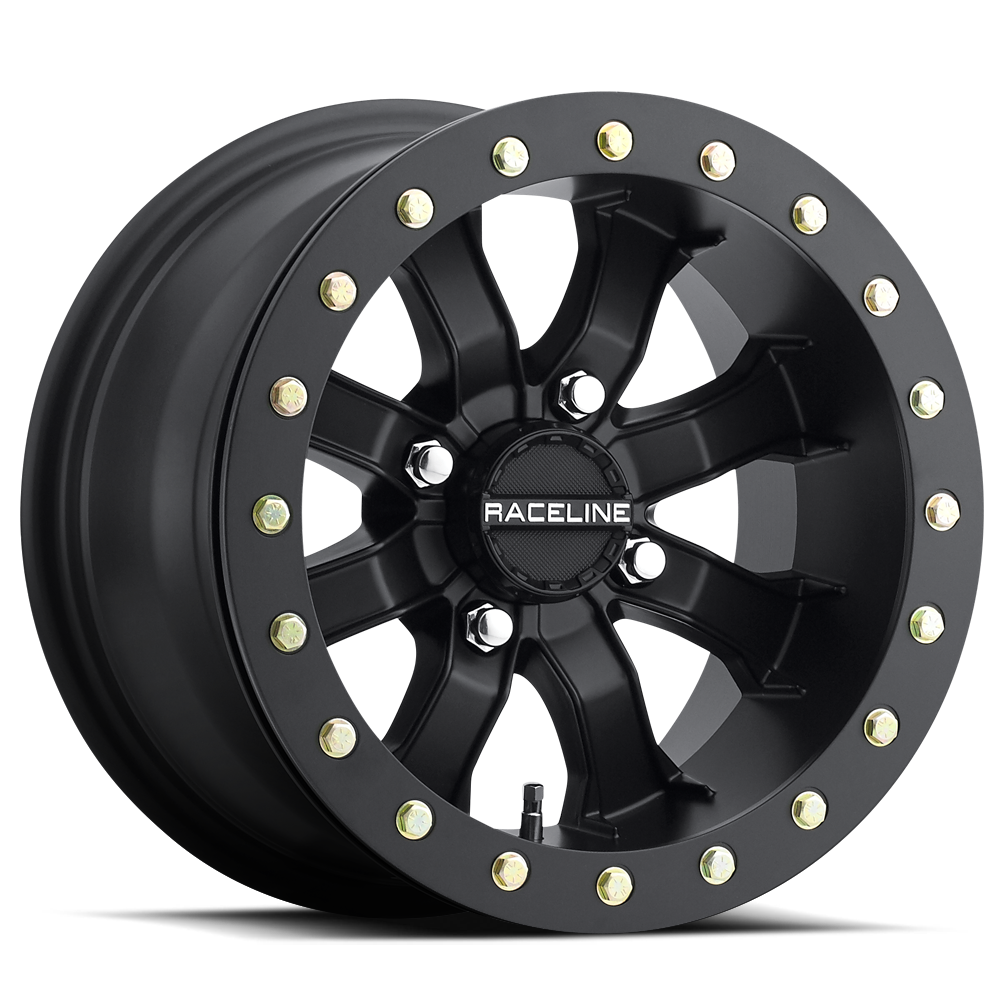 Matte black Raceline Mamba beadlock wheel with gold hex bolts and silver logo