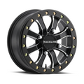Pair of black Raceline Mamba beadlock wheels with machined silver spokes