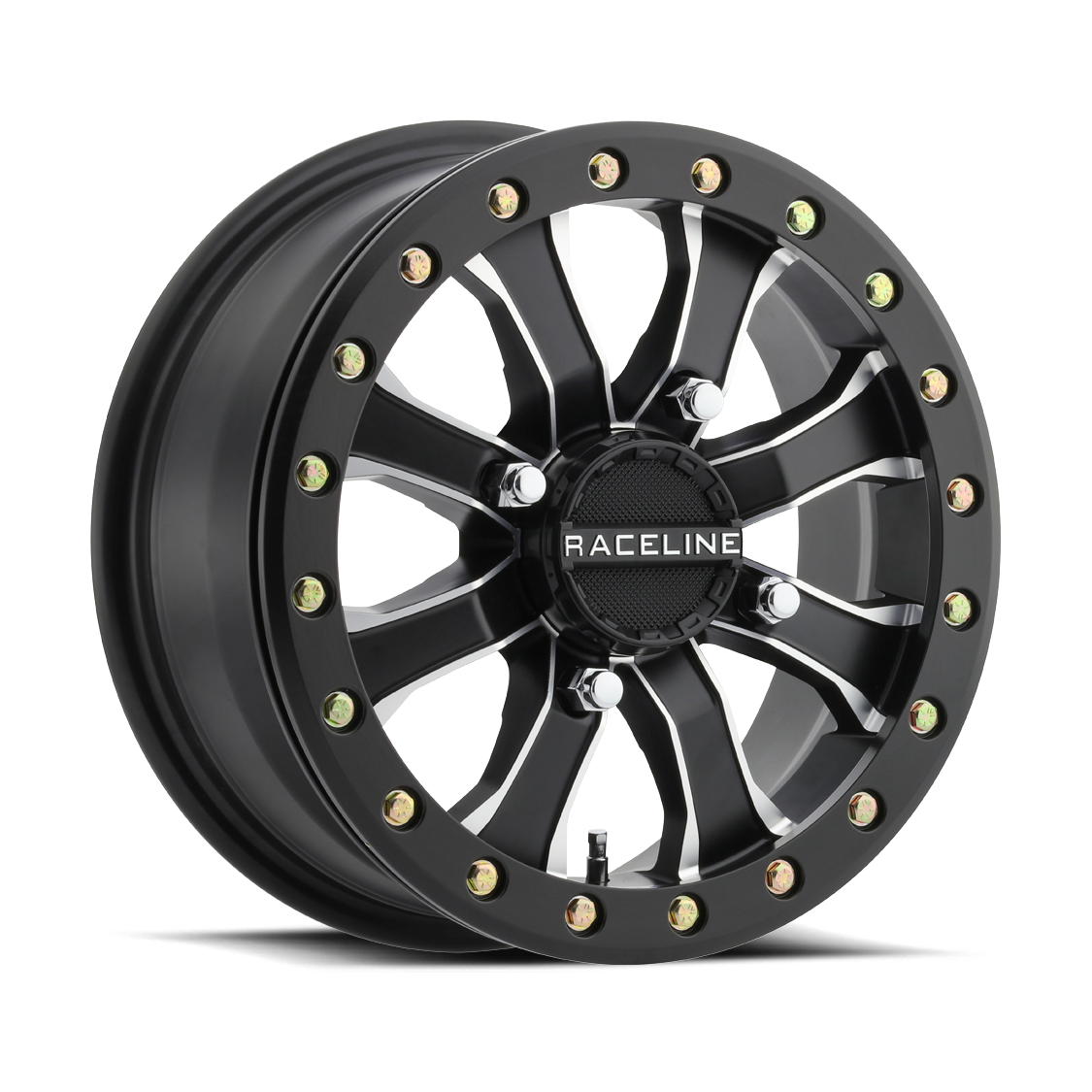 Pair of black Raceline Mamba beadlock wheels with machined silver spokes