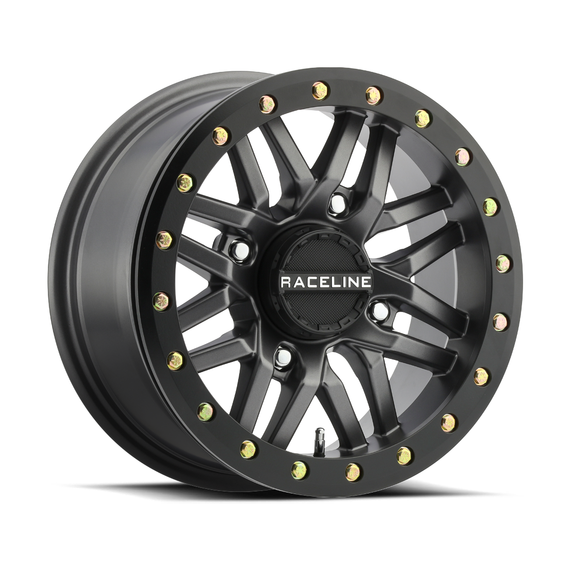 Matte black Raceline Ryno 14-inch beadlock wheel with gold lug nuts