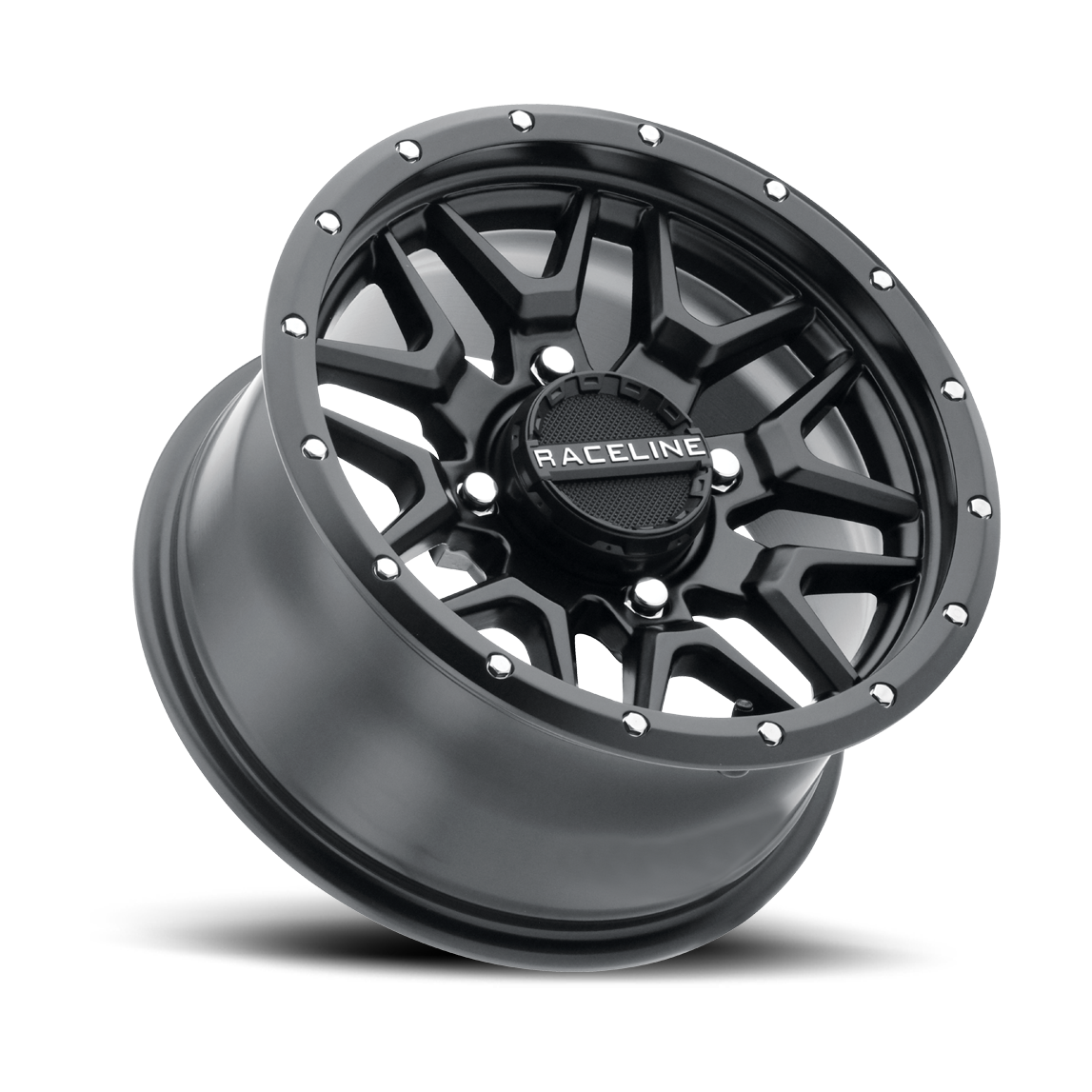 Raceline Krank 15x7 +10mm black matte ATV wheel with multi-spoke design and silver lug nuts