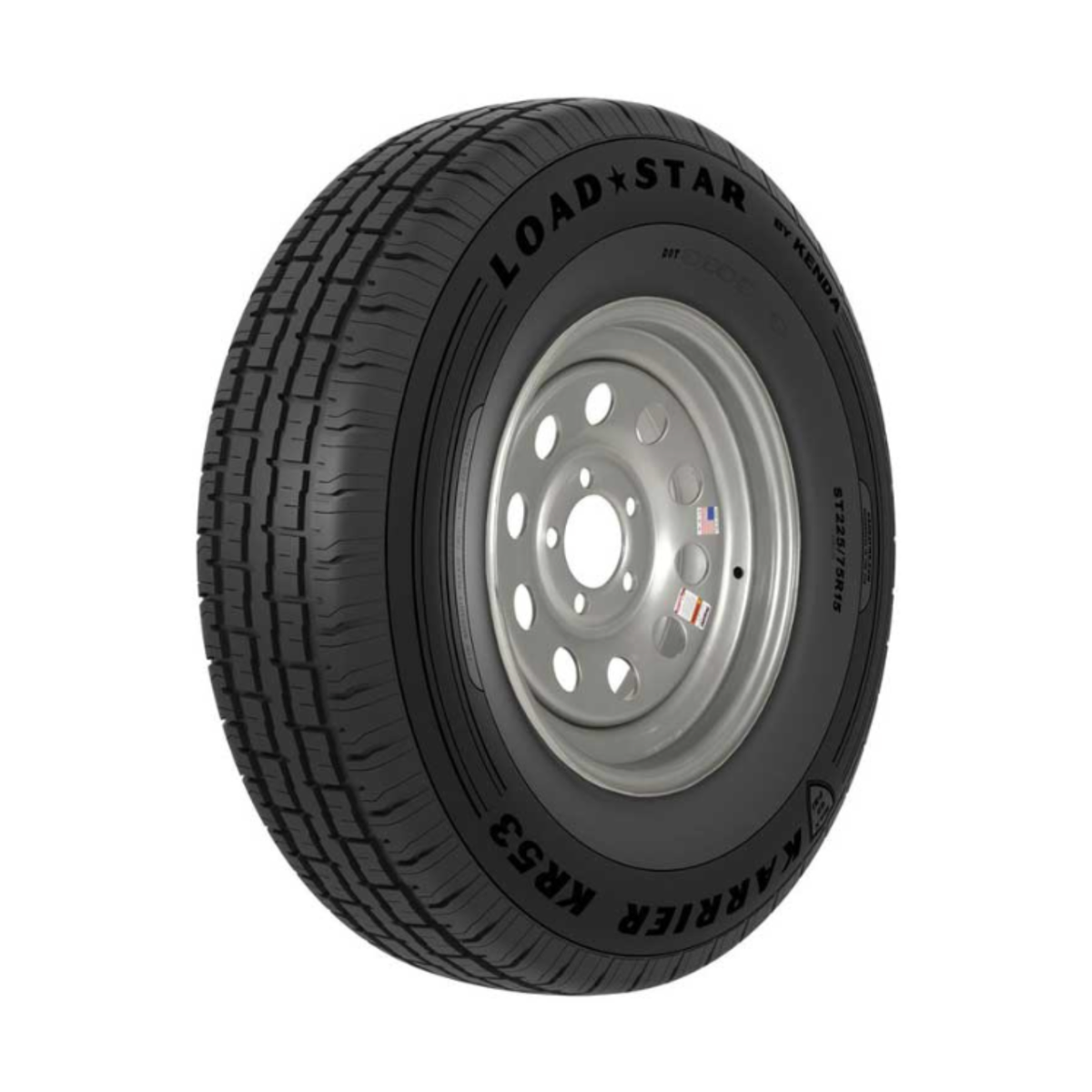 Kenda Karrier KR53 ST235/80R16 trailer tire on silver modular steel wheel with raised lettering and ventilation holes