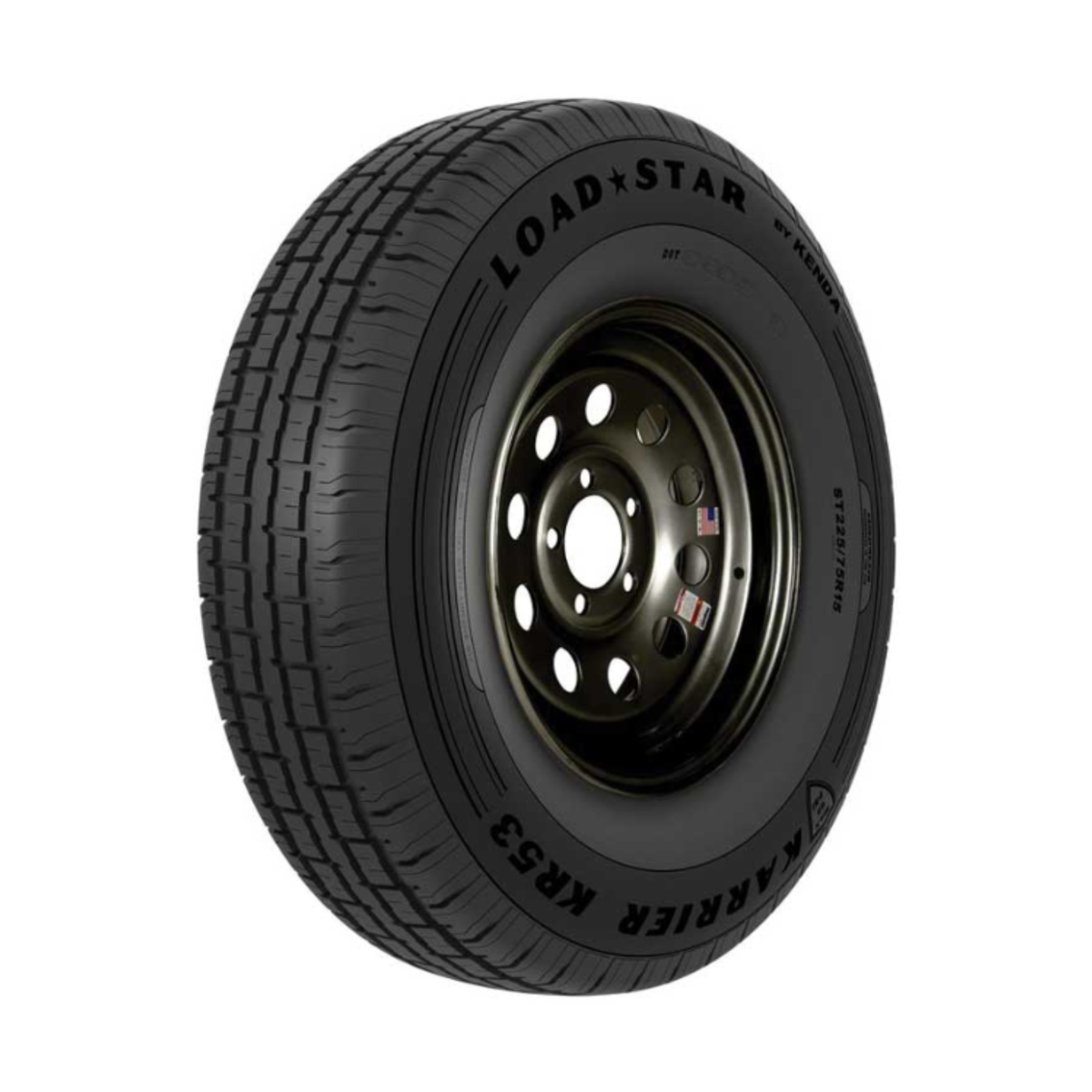 Kenda KR53 ST205/75R15 Load Range D trailer tire on black steel wheel with 5-lug pattern