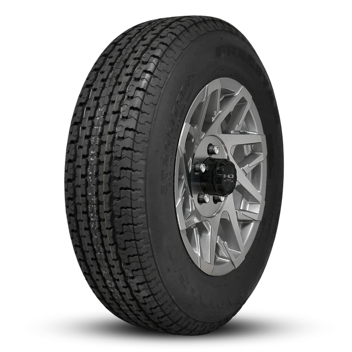 205/75R15 8-Ply Trailer Tire on 15" 5-4.5 Gloss Silver Machined Face Canyon Wheel - Tires Fast