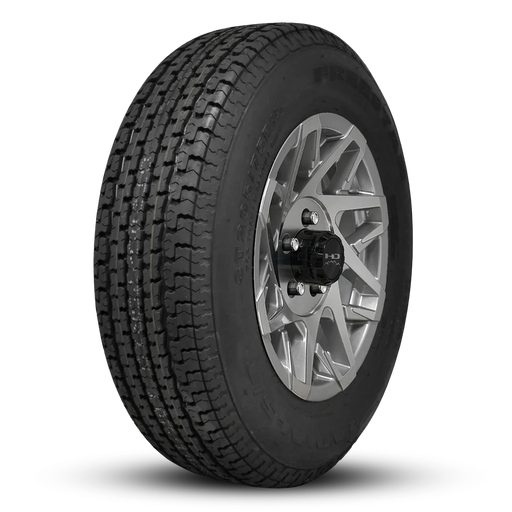 205/75R14 8-Ply Trailer Tire on 14" 5-4.5 Gloss Silver Machined Face Canyon Wheel - Tires Fast