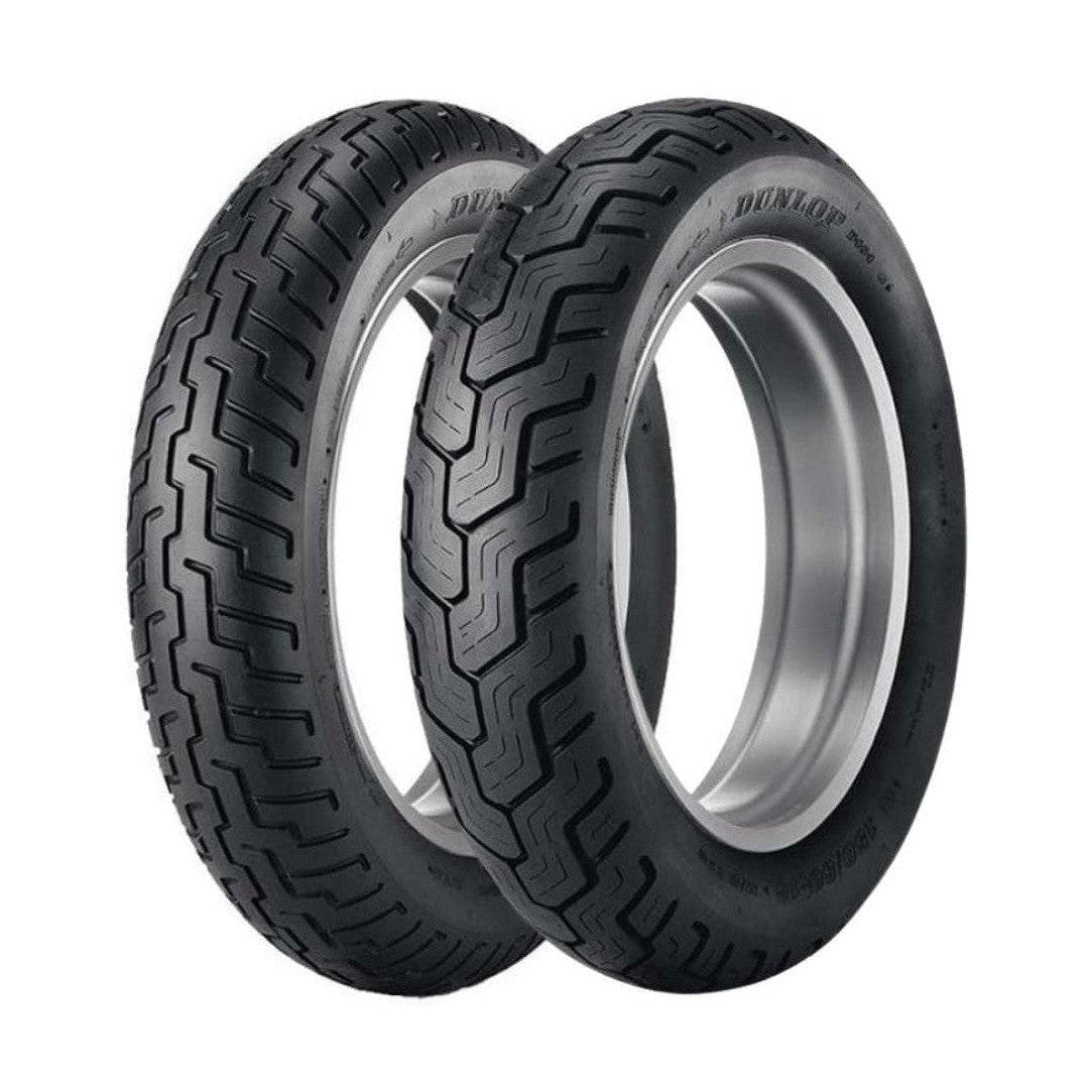 Dunlop D404 cruiser tire set with blocky tread and water evacuation grooves
