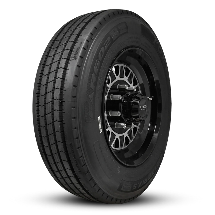 215/75R17.5 16-Ply Trailer Tire on 17.5" 8-6.5 Lug Centric Gloss Black Machined Face HDT Forged Wheel