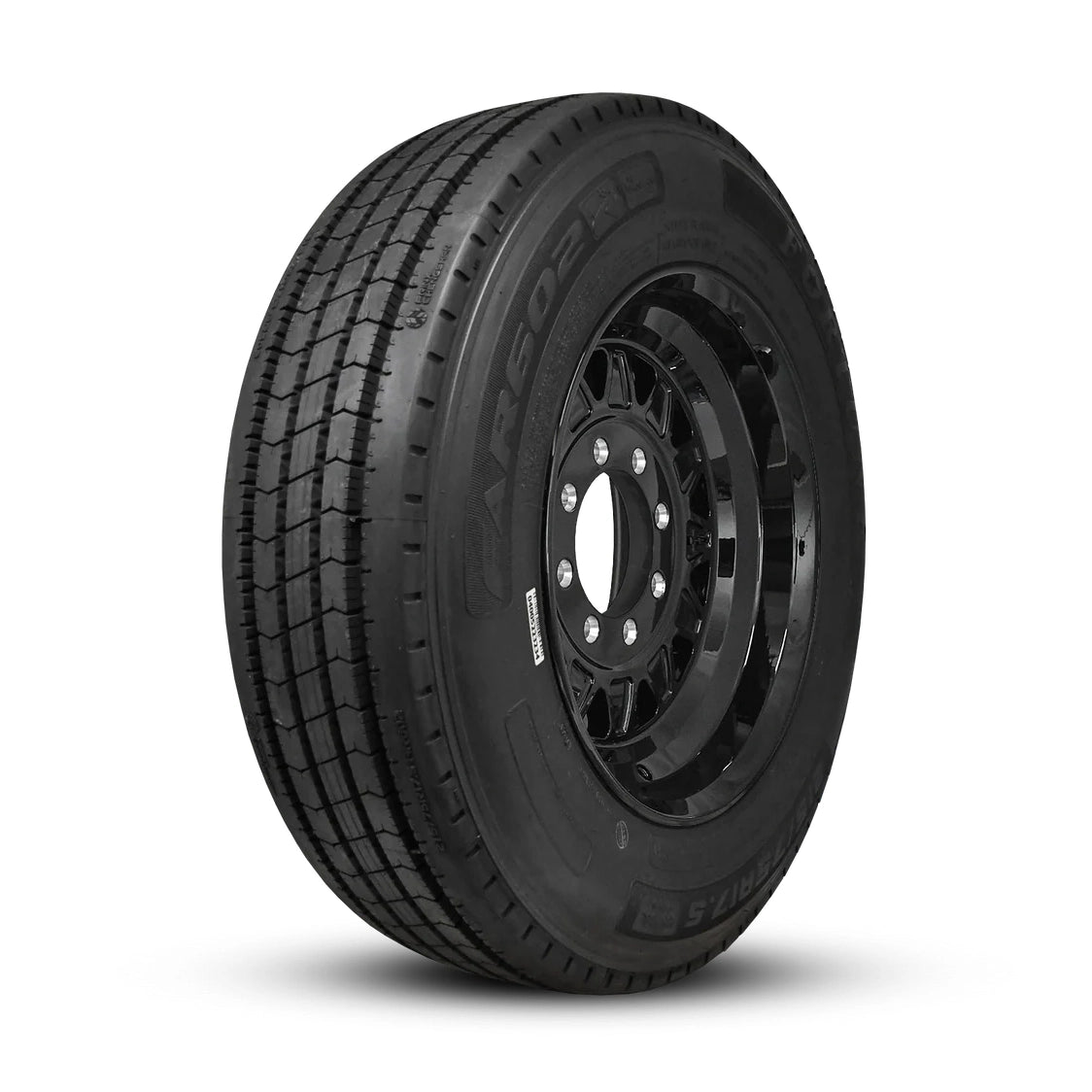 Complete 235/75R17.5 load range J trailer tire mounted on gloss black forged wheel