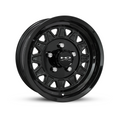 Gloss black 15x6 HPD HDT trailer wheel with 5x4.5 bolt pattern and multi-spoke design