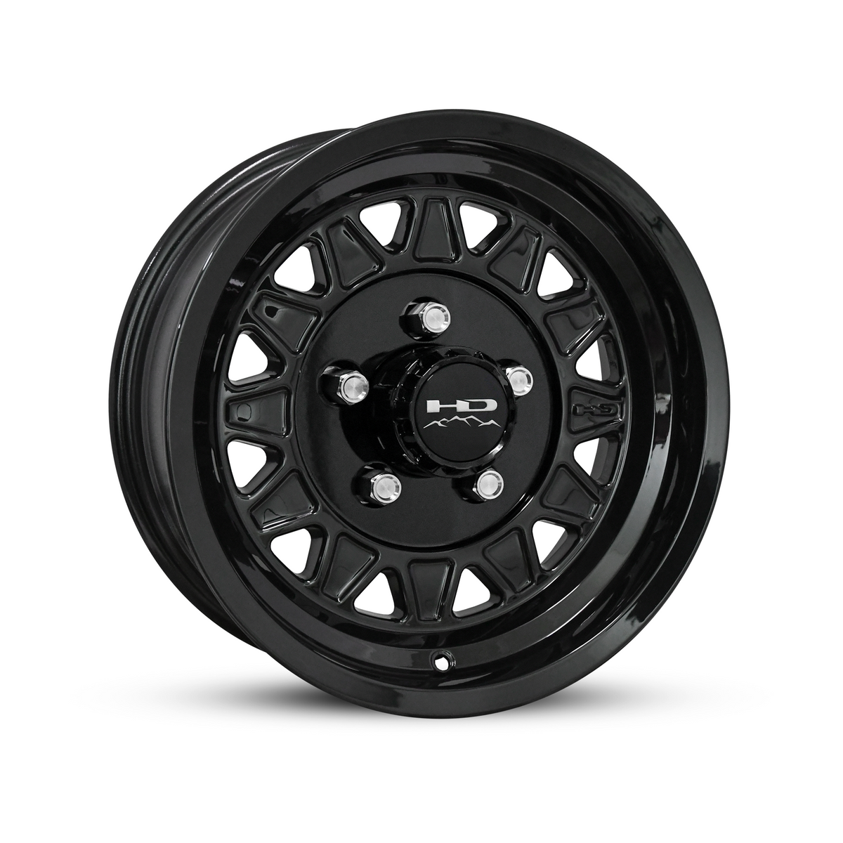 Gloss black 15x6 HPD HDT trailer wheel with 5x4.5 bolt pattern and multi-spoke design