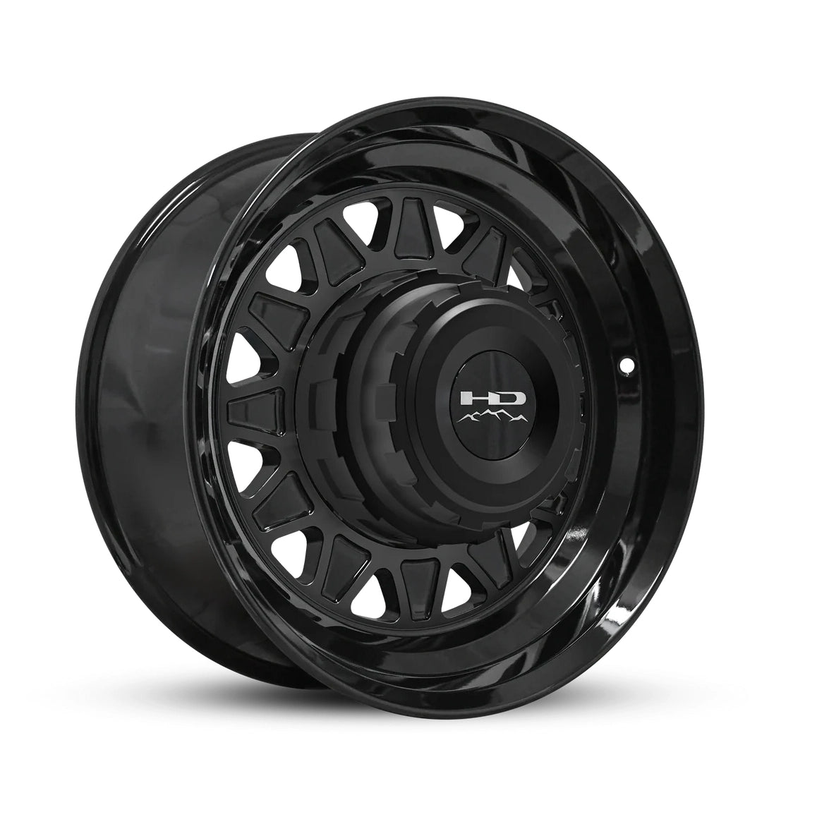Gloss black HDT forged trailer wheel with multi-spoke design and HD logo center cap