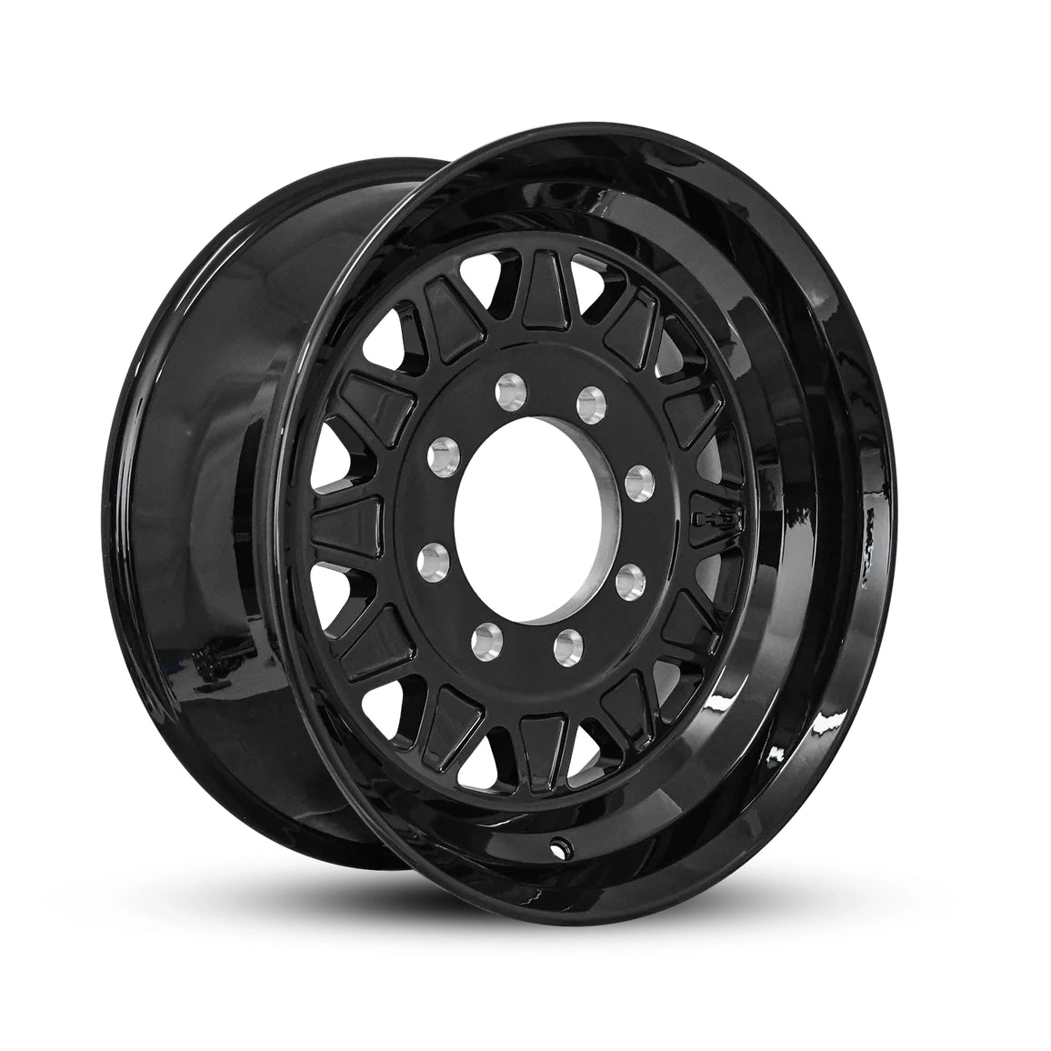Rear view of gloss black 17.5 inch trailer wheel showing 8-6.5 lug bolt pattern