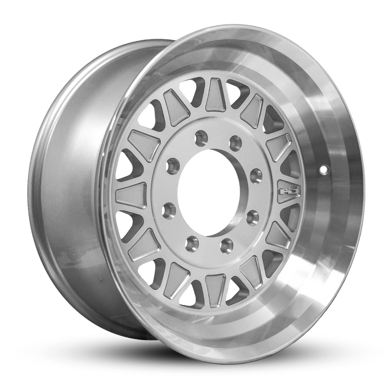 235/75R17.5 18-Ply Trailer Tire on 17.5" 8-6.5 Hub Centric Gloss Silver Machined Face HDT Forged Wheel
